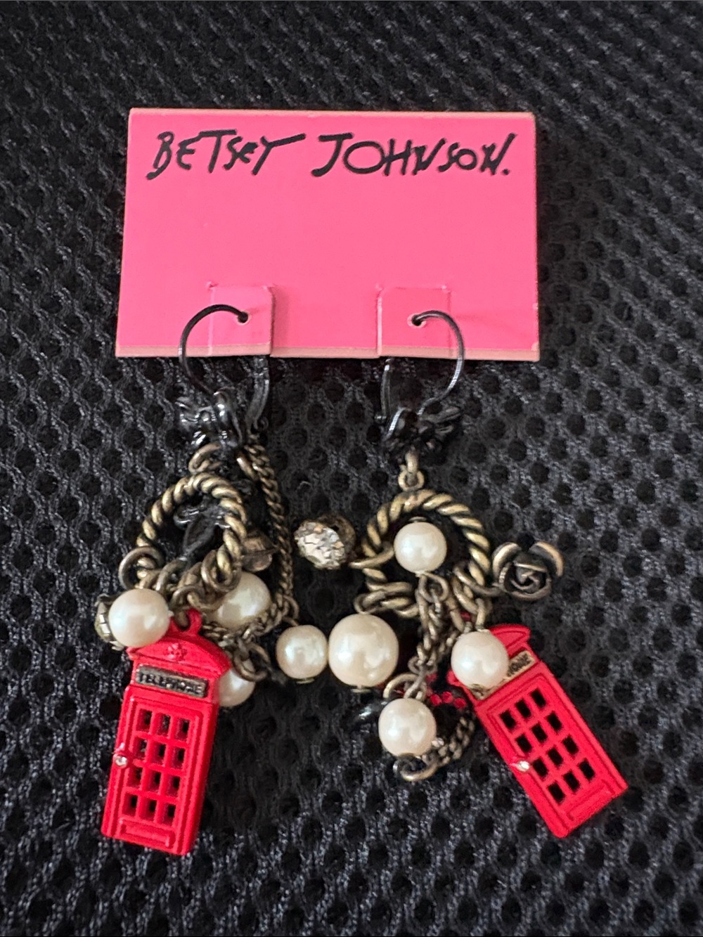 Betsey Johnson Red Phone Booth Charm Earrings with Faux Pearls